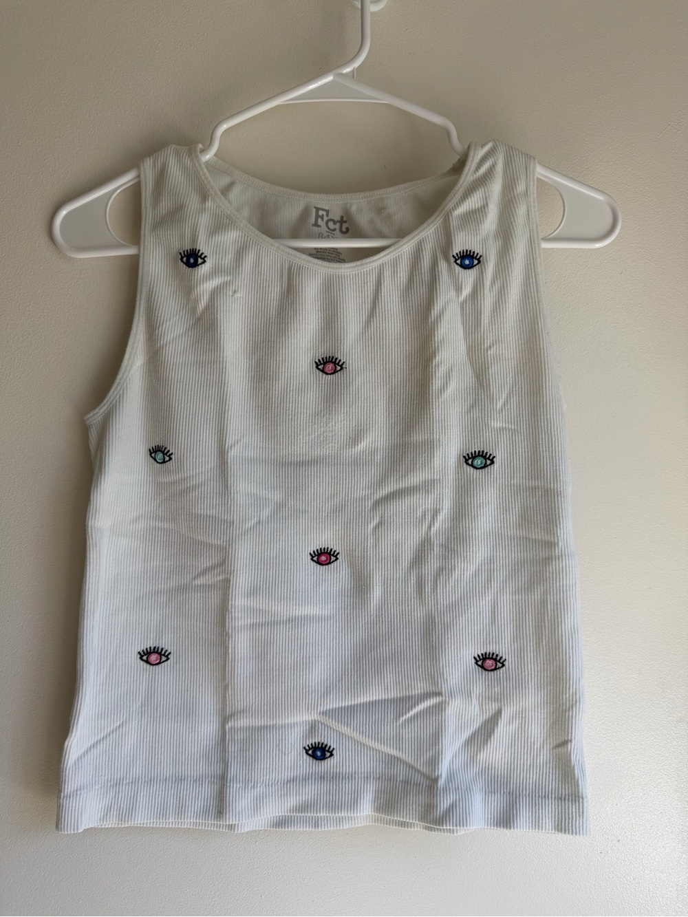 White Ribbed Tank with Embroidered Eye Motif